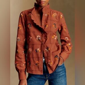 Sezane Chlo Camel Embroidered Flower cotton Blouse Womens 48 16 NWT